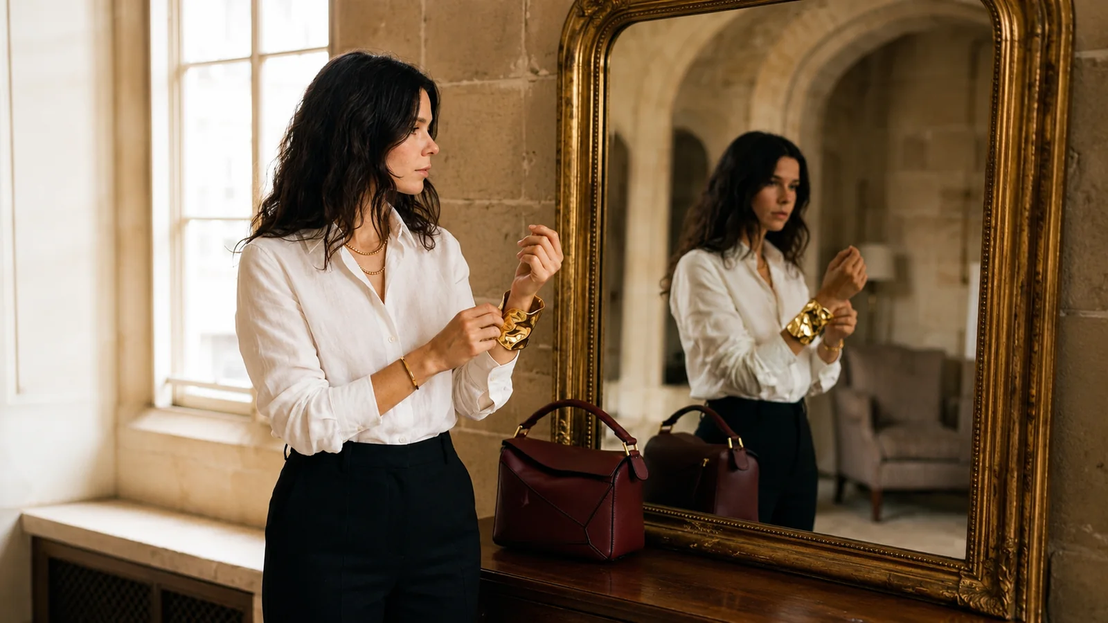 Woman styling a white shirt and black trousers with sculptural gold jewelry and a burgundy bag