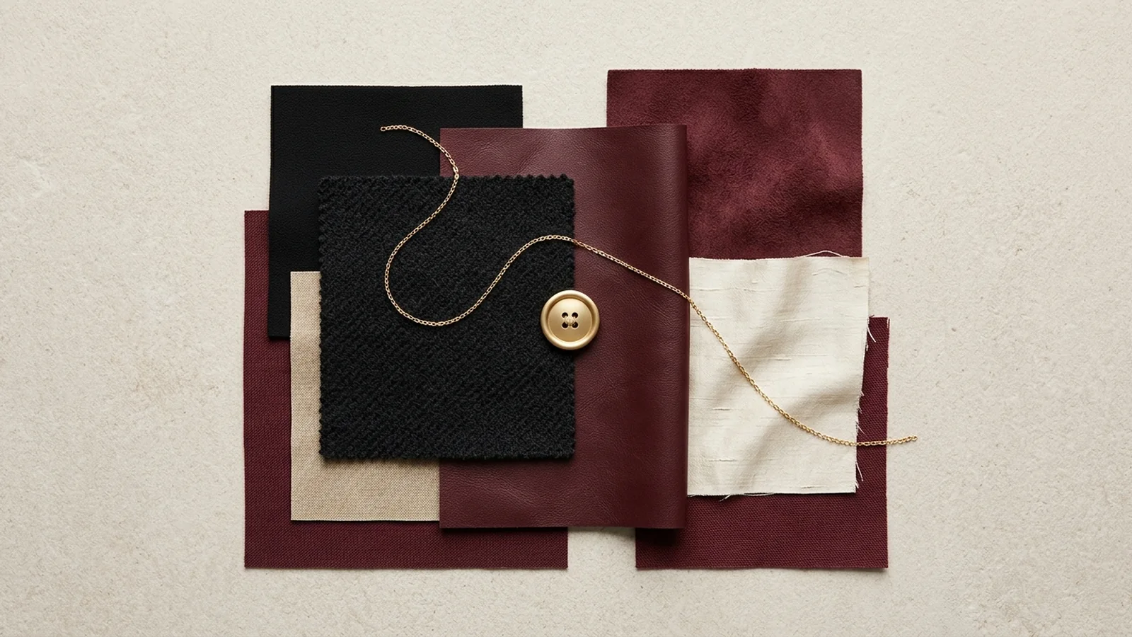 Burgundy, black and ivory fashion textures with gold jewelry