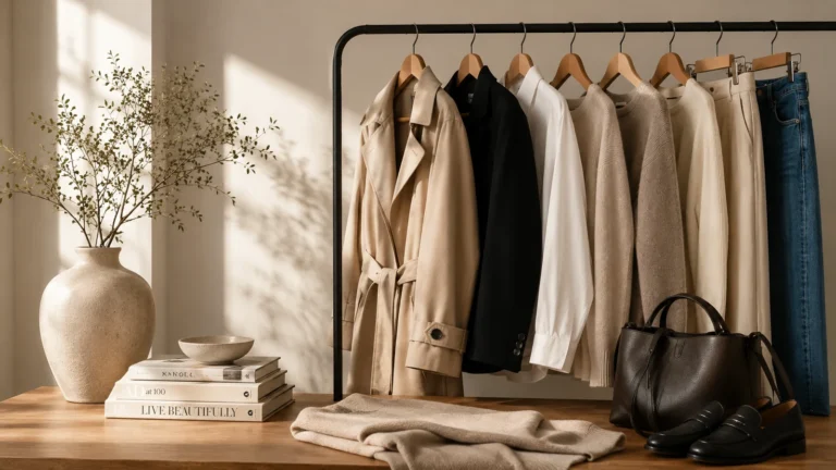 Neutral capsule wardrobe with timeless clothing essentials