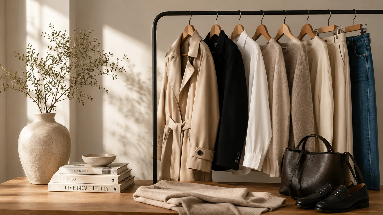 Neutral capsule wardrobe with timeless clothing essentials