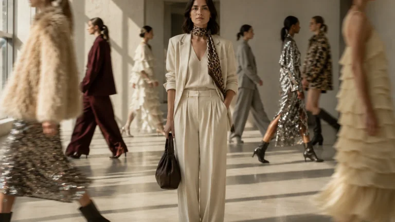 Woman in a cream suit standing still as fashion trends move around her