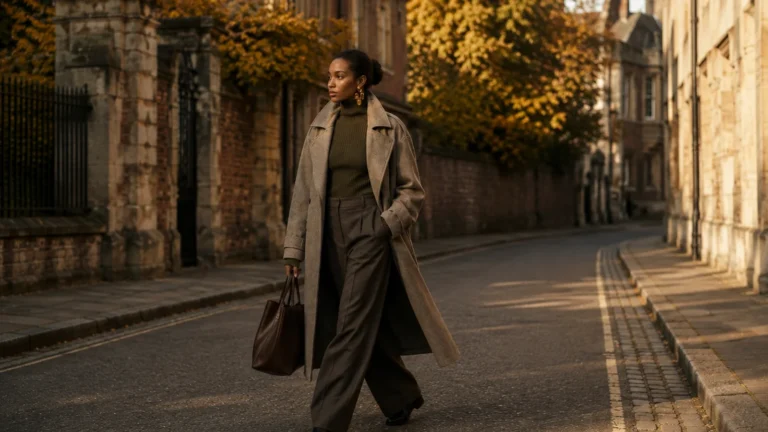 Woman in a long coat and wide-leg trousers walking along a quiet city street