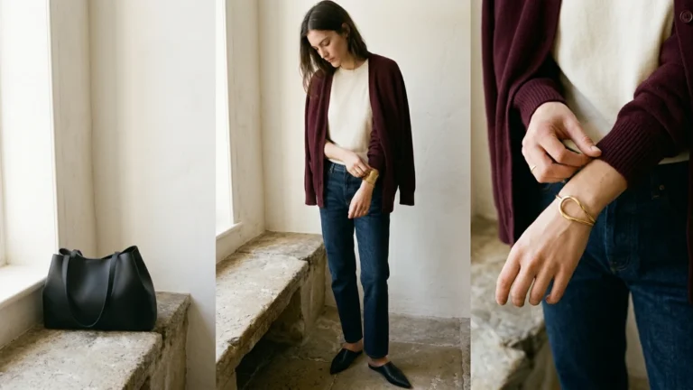 Woman styling a simple burgundy cardigan and jeans with a sculptural gold bracelet