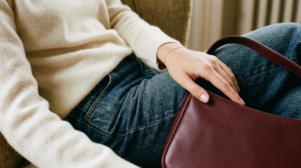 Cream knit, dark denim and burgundy leather showing contrasting textures in a simple outfit