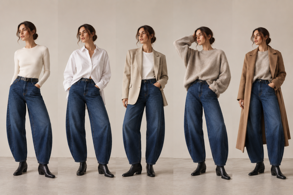 Five women styling barrel jeans with a fitted top, relaxed shirt, oversized blazer, oversized knit and long coat.
