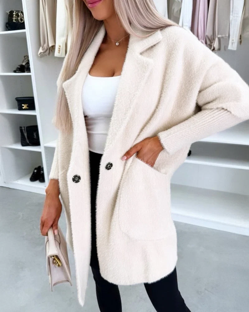 Ivory textured longline coat with patch pockets