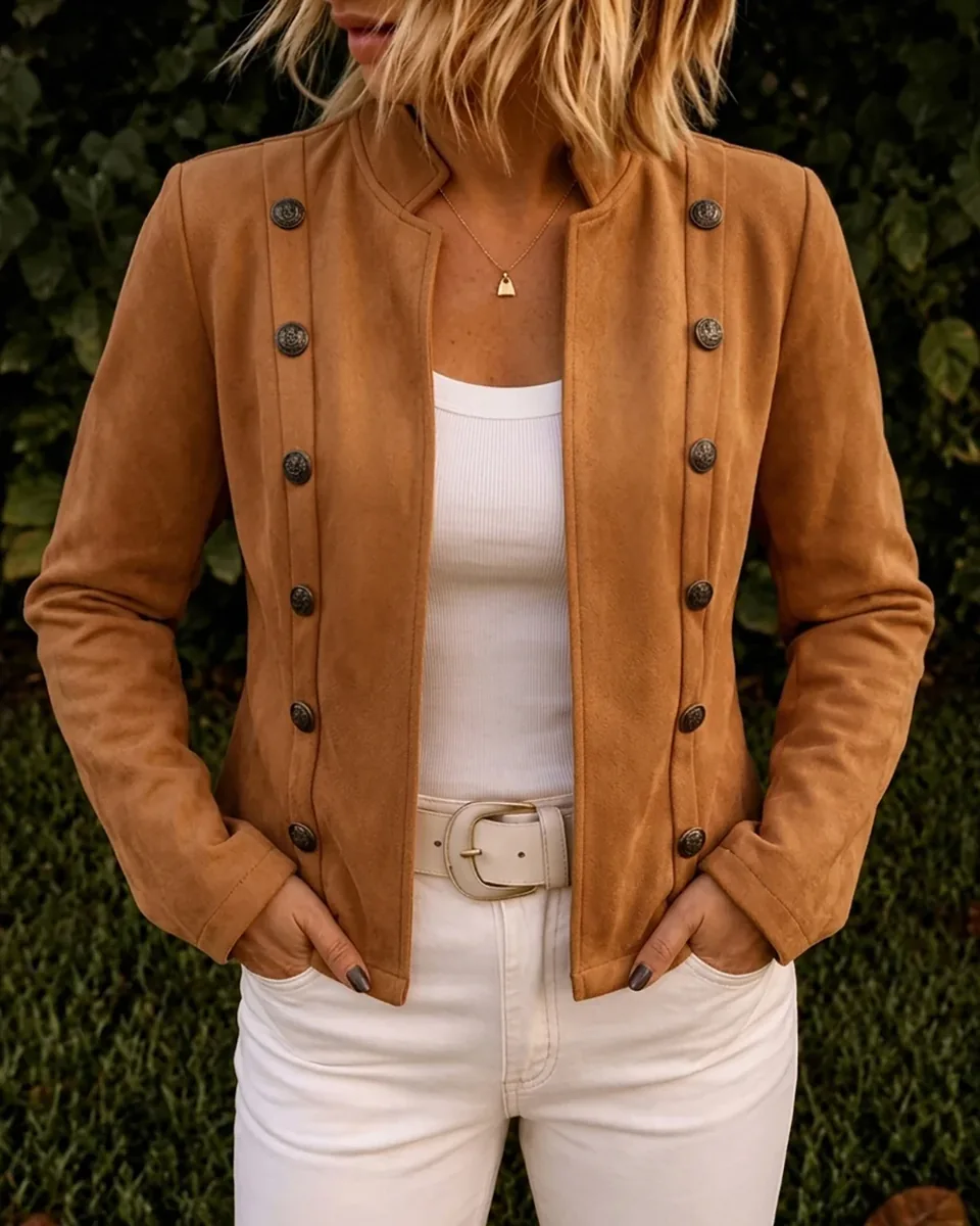 Camel faux suede jacket with decorative buttons