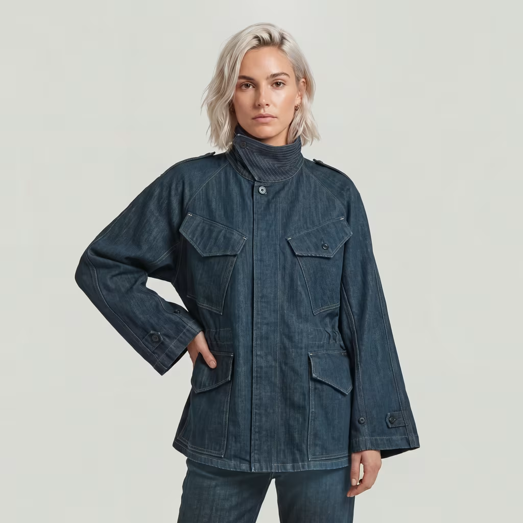 Dark denim field jacket with stand collar and utility pockets