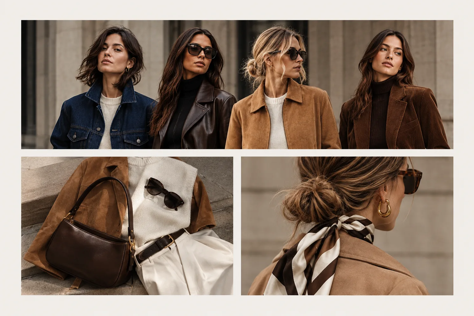 Essential Style Autumn 2026 editorial featuring denim, leather, suede and corduroy